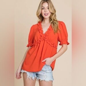 Lime 'N' Chili Solid Ruffled Deep V-Neck Puff Sleeve Babydoll Top